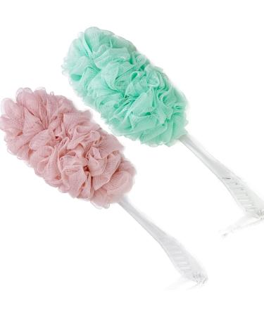 PPHAO - Loofah on a Stick for Men - Bath Brush Long Handle for Shower Elderly - Body Loofah Sponge for Women - Plastic Loofah - Bath Body Brush - Green and Pink Loofah - 2Pack