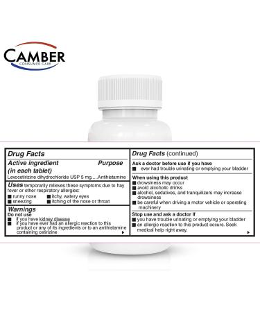 Camber Consumer Care Levocetirizine Dihydrochloride 5mg Antihistamine Tablets Generic Xyzal Allergy 24 Hour Allergy Relief Medicine (35 Count) - Buy Online on GoSupps.com
