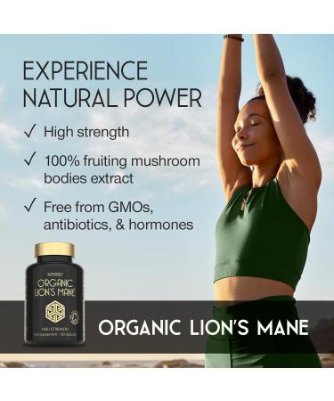 Organic Lions Mane Supplement - 1800mg Lion's Mane Capsules High Strength - Certified Organic by The Soil Association - 30 Capsules - 100% Lion Mane Mushroom Fruiting Bodies Extract - Made in The UK - Buy Online on GoSupps.com