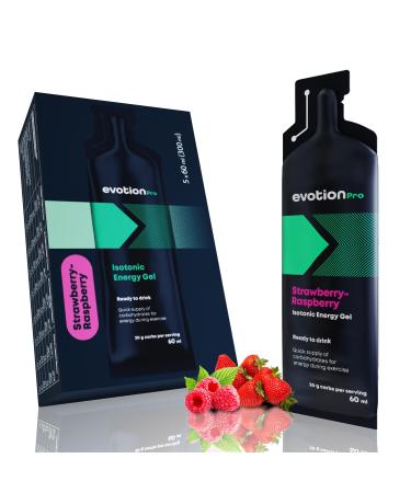 Evotion Pro High Energy Gel 5 x 60ml - 80kcal 20g carbohydrates p Pack - Strawberry raspberry - Maltodextrin Power Gel Sport - Liquid Powergel Energy Shot - Energy Run Running Marathon Food Strawberry and Raspberry 5