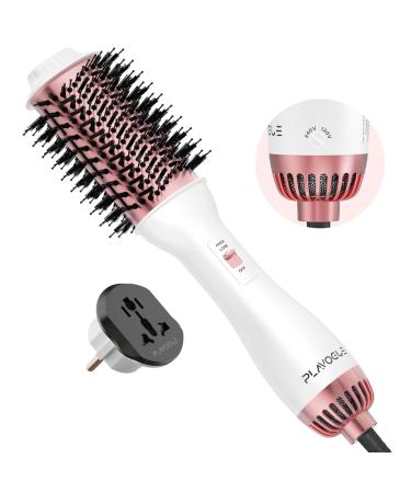 PLAVOGUE Dual Voltage Hair Dryer Brush 100 Millions Negative Ionic Blow Dryer Brush Volumizer (White pink) White-pink