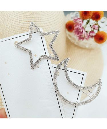Silver Rhinestone Crystal Geometric Stars Moon Hair Clip Set - Fashion Woman Hollow Side Barrettes Hairpin Accessories - Buy Online on GoSupps.com