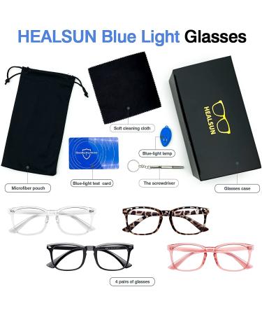 HEALSUN Blue Light Blocking Glasses 4 Pack - Anti Headache & Eye Strain - Unisex Computer Gaming Glasses in A1 Black, Transparent, Brown Leopard, and Pink - Buy Online on GoSupps.com