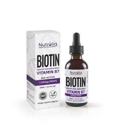Nutroliq Biotin Liquid Drops - Vegan Vitamin B7 Dietary Supplement for Hair Nail & Skin Health - Pure 12000mcg Biotin Drops for Hair Growth - Extra Strength Berry-Flavoured Vitamin H Serum - 60 ml