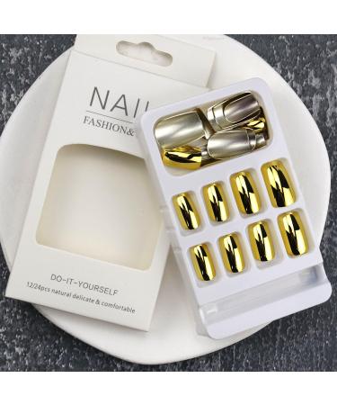 Gold Press On Nails - Short Square Fake Nails | Glue On Gold Mirror Design | Artificial Stick On Acrylic Nails for Women & Girls - Buy Online on GoSupps.com