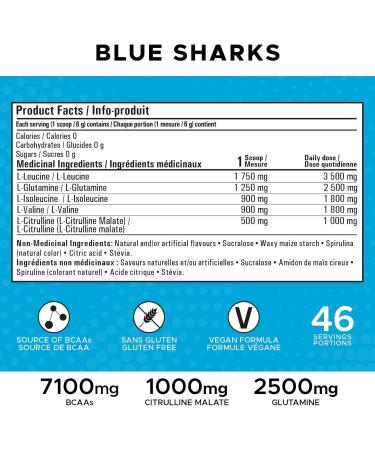Revolution Nutrition BCAA Splash BCAA Powder Vegan Formula Zero Calorie Lactose Free Muscle Recovery Post Workout 7100 Mg of Branched Chained Amino Acid 1000 mg Citrulline Malate 280 G 46 Servings (Blue Sharks 0.62 Pound) Blue Sharks 0.62 Pound - Buy Online on GoSupps.com
