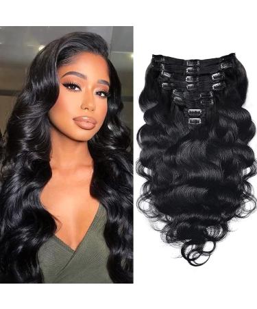 Body Wave Clip In Hair Extensions For Black Women 8Pcs Clip In Human Hair Extensions With 18 Clips Double Weft Natural Color 120g(16inch  Natural Black Body) 16 Inch Natural Black Body