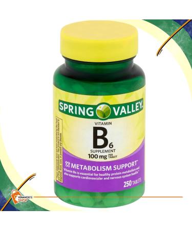 Spring Valley Vitamin B6 (Pyridoxine HCl) 100mg Tablets - 250 Veg Pills for Cardiovascular Health + Venancio's Fridge Sticker - Buy Online on GoSupps.com
