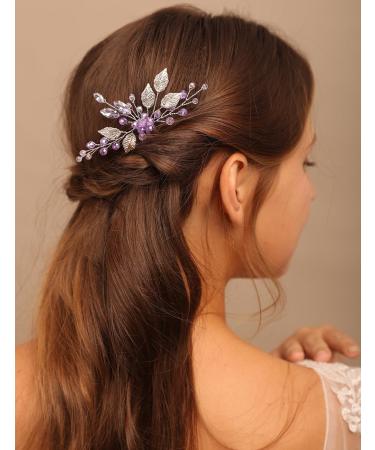 BERYUAN Women Girls Wedding Leaf Crystal Rhinestone Hair Comb Purple Rhinestone Beads Headband Women Girls Wedding Headpiece Silver Bridal Headband for Wedding Women and Girls (purple)