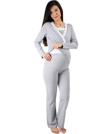 Nursing Pyjamas Set with Lace - Maternity Sleepwear for Pregnancy and Breastfeeding | Long Sleeve S Gray - Buy Online on GoSupps.com