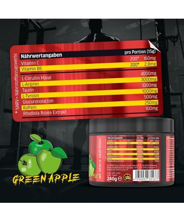 All Stars Pre-Workout Booster - Extreme Green Apple 240g | 16 Servings of Amino Acids Vitamins & Caffeine Energy Drink - Buy Online on GoSupps.com