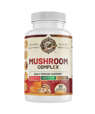 WHOLE WORLD WELLNESS All Natural Mushroom Complex 10 in 1 | Daily Immune & Energy Support | Lions Mane, Chaga, Resihi | Gluten Free, Dairy Free, Soy Free | 60 Capsules | Made in The USA.
