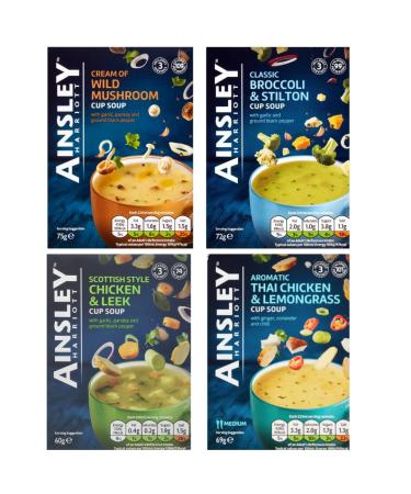 Cup Soup Bundle With Ainsley Harriott Cream of Wild Mushroom Cup Soup 75g Thai Chicken & Lemongrass 69g Scottish Chicken & Leek 60g and Broccoli & Stilton 72g (4 Pack)