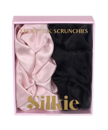 SILKIE x2 Set 100% Pure Mulberry Silk Cream Pink Coffee Black Large Oversized Scrunchies Silk Travel Pouch Hair Ties Elastics Hair Care Premium Ponytail Holder No Damage (Classic)