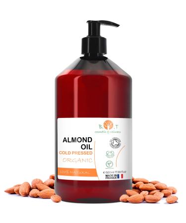 Organic Sweet Almond Oil Cold Pressed Pure. Professional Massage Oil for Hair and Eyelashes Moisturizing Body (Hands Nails) Face (Anti-Aging) Stretch Marks Pregnancy 500 ml