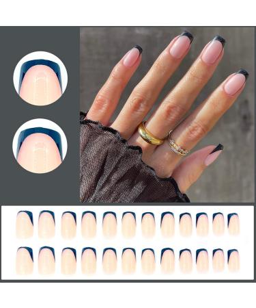 NICENEEDED Medium Length Nude Nails with Black French Tip Square Short Press on Nails Artificial Glossy False Nails with Nail Glue Stickers for Women Girls Daily Wear - Buy Online on GoSupps.com