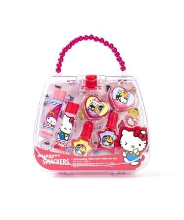 Lip Smacker Hello Kitty Nail Polish & Flavored Lip Balm Makeup Tote - Moisturizing Balms Colorful Nail Polishes Sanrio Accessory Ring Stylish Tote Bag Perfect Glam Gift for Hello Kitty Lovers 1 Count(Pack of 7) Hello Ki