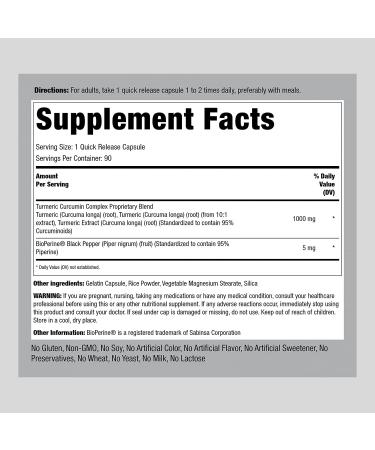 Piping Rock Turmeric Curcumin 1000mg with Black Pepper | 90 Capsules | Non-GMO & Gluten Free - Buy Online on GoSupps.com