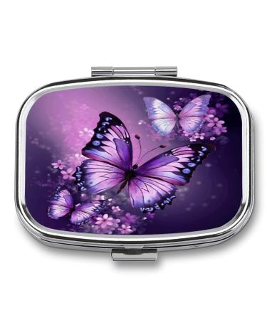 Pill Box Beautiful Purple Butterfly Art Print 2 Compartment Medicine Pill Case Pill Organizer Decorative Metal Portable Pill Box for Pocket Or Purse