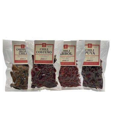 AKNA Mexican Chili Bundle Includes 4 Individual 114g Pouches of Whole Meco-Chipotle Coste o Arbol and Puya Chilis.