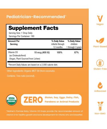 Mother's Promise Organic Baby Vitamin D Drops | 100% Plant Based | Healthy Growth & Bone Development | Age Newborn+ | 180 Servings | Baby Vitamin D3 Liquid for Infants & Toddlers | 400 IU for Babies 0.17 Fl Oz (Pack of 1) - Buy Online on GoSupps.com
