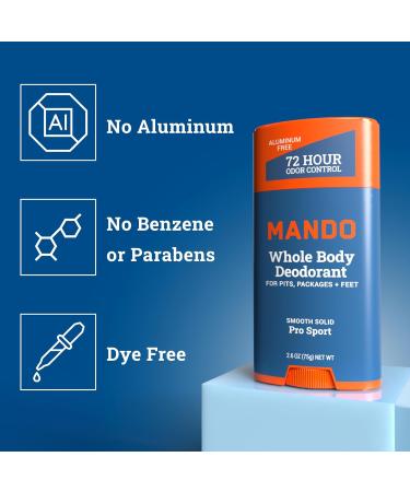 Mando Smooth Solid Stick (2.6 Ounce) + Acidified Body Wash (1.5 Ounce) - Clinically Proven to Block Odor All Day - Whole Body Safe For Pits Packages + Feet (Pro Sport) - Buy Online on GoSupps.com