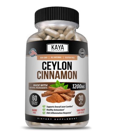 Kaya Naturals Organic Ceylon Cinnamon Supplement | Ceylon Cinnamon 1200mg per Serving - for Joint Capsules, Anti inflammatory & Antioxidant | 60 Count - Ceylon Cinnamon 60 Capsules 60 Count (Pack of 1)