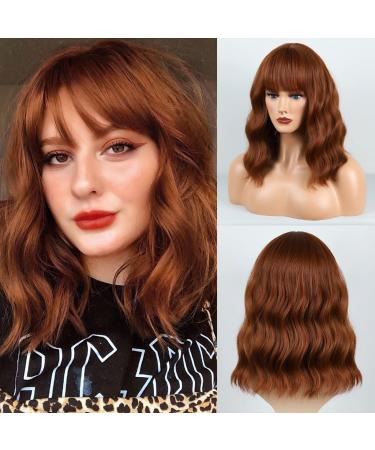 BOGSEA Auburn Wig with Bangs Short Auburn Wigs for Women Synthetic Wave Wig Heat Resistant Hair Short Bob Wigs for Everyday Party (Auburn)
