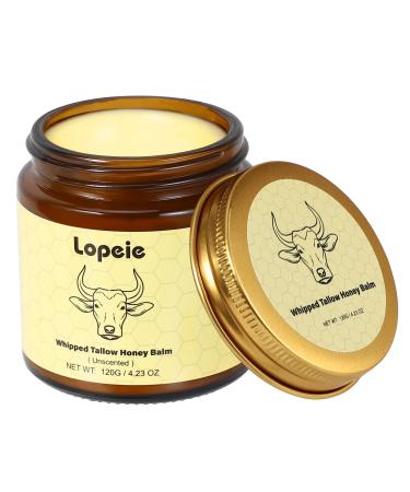 Lopeie Beef Tallow for Skin - Organic Grass Fed Whipped Moisturizer with Honey Balm, Natural Hydrating Cream for Face & Body, Relief for Dry & Sensitive Skin (4.23oz, Unscented)