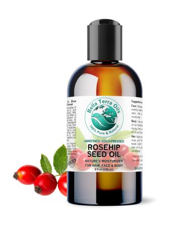 Bella Terra Oils - Organic Rosehip Facial Oil 8 oz - Dive into Organic Rosehip's Essential Fatty Acids & Antioxidants Infused with Vitamin F Elevate Daily Face Rituals 8 Fl Oz (Pack of 1)
