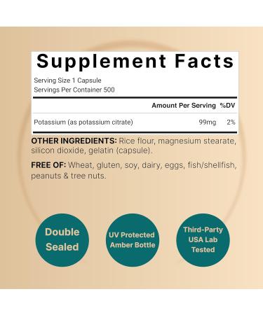 Potassium Citrate Supplement 99mg 500 Capsules | Easily Absorbed Chelated Form Essential Mineral Electrolyte Balance Supports Muscle Bone & Heart Health Non-GMO Potassium Citrate 500 Count (Pack of 1) - Buy Online on GoSupps.com