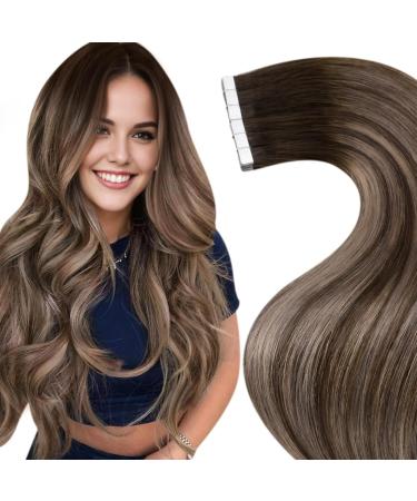 Laavoo invisible tape in real hair Extensions brown balayage extensions real hair tape dark brown ombre ashblond Skin weft extensions real hair tape in hair extensions 50g 20pcs #4/18/4 50cm 50pcs 3.4 #4/18/4
