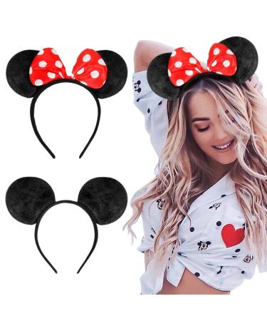 Mouse Ears Bow Headbands Black & Pink Hairbands for Women Girls Princess Decoration Christmas Party Cosplay Costume, 2 Pcs Black+red