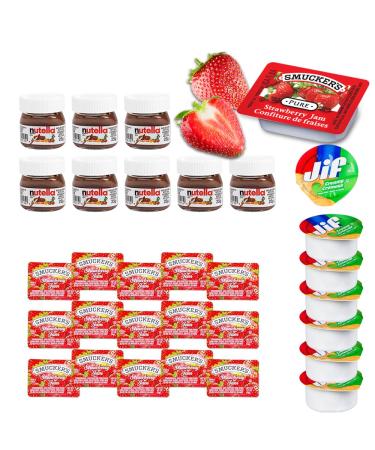 Trio of Peanut Butter Chocolate and Strawberry Jam Bliss - 8 Jif Peanut Butter 8 Hazelnut Chocolate spread and 14 Smuckers Strawberry jelly On-The-Go Portion Control Pack for Travelers & Meal Prep 30 Cups Total - Comes with a one of a kind sticker by PaLi