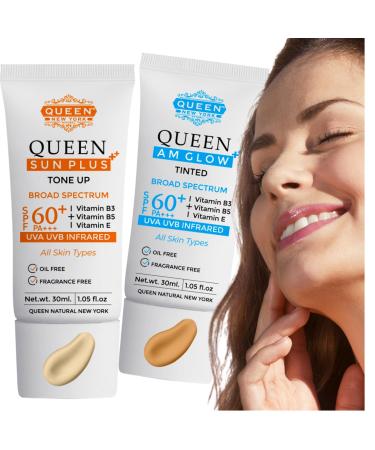 QUEEN SUN PLUS + QUEEN AM GLOW Sunscreen SPF 60 Primer-Anti Aging Face Moisturizer- Vitamin B3 B5 E- Non-Greasy Silky Touch Instant dry-oil free fragrance free by QUEEN NATURAL NEW YORK