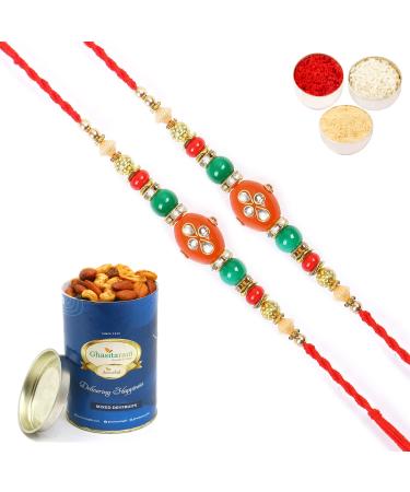 Ghasitaram Gifts Rakhi for Brother Rakhis Online - Set of 2-2K-277 Fancy Thread Rakhis with 100 GMS of Dryfruits Mix Can 2 Rakhi with 100 gms of Dryfruits Mix Can
