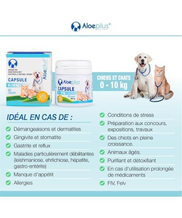 ALOEPLUS Cats and Dogs Capsules - Energetic and Detoxifying Food Supplement with Organic Aloe Arborescens Strengthens the Natural Defenses of Cats and Dogs 60 Capsules - Buy Online on GoSupps.com