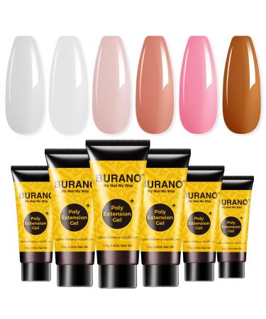 BURANO Poly Extension Gel Nail Kit 6 Colors Nail Poly Nails Builder Gel Set for Beginner & Professional Using Poly Nail Gel Kits DIY Starter Kit Nail Art Gift (06 Pink nude)