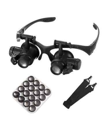 mlogiroa Head Mounted Magnifier with LED Light, Jewelers Loupe Magnifying Glasses with 8 Interchangeable Lens: 2.5X/4X/6X/8X/10X/15X/ 20X/25X for Close Work/Electronics/Eyelash/Crafts/Jewelry/Repair 16pcs Lens