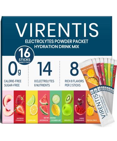 16 Sticks Electrolytes Powder Packets Sugar Free Hydration Packets, 8 Flavors Liquid Daily IV Electrolyte Drink Mix for Rehydration with 8 Electrolytes & 6 Vitamins, 0 Calorie, Low Sodium Variety Pack 0.13 Ounce (Pack of 16)