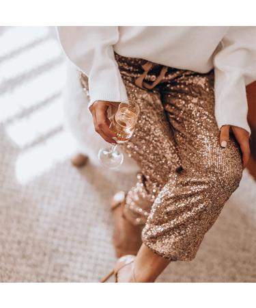 Duohropke Women's High Waist Sequin Pants - Elegant Gold Glitter Stretch Leisure Pants for Parties & Festive Events - XL Size - Buy Online on GoSupps.com