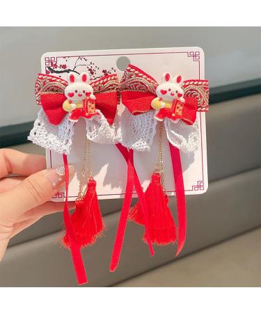 1 Pair Red Bowknot Hair Clip with White Fuzzy Pompoms Bunny Decoration Cute Chinese Style Women Girls Kids Spring Festival Hair - Buy Online on GoSupps.com