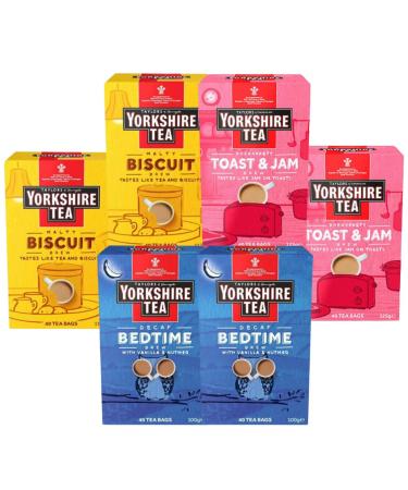 Tea Variety Bundle Containing Yorkshire Tea Malty Biscuit 125g Toast & Jam 125g Decaf Bedtime 100g 40 tea bags each (6 Pack) - Buy Online on GoSupps.com