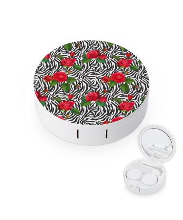 Flowers And Zebra Skin Round Case For Contact Lens Kit Storage Box with Mirror Printed