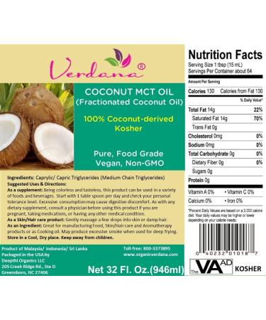 Verdana Coconut MCT Oil Fractionated Genuine 100 Coconut DerivedKosher Certified Food Grade Vegan NON-GMO Great for Keto and Paleo Diet (32 Oz) 32 Ounce - Buy Online on GoSupps.com