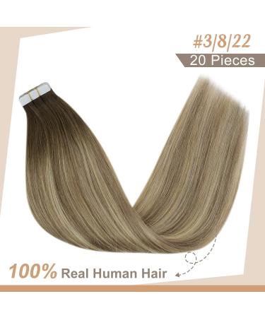 FSHINE Real Hair Tape Extensions 45cm - Balayage Dark Brown to Medium Blonde 50g Invisible Tape 20 Pieces #3/8/2 #3/8/22 - Buy Online on GoSupps.com