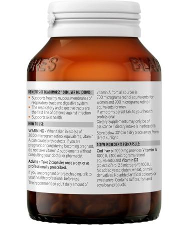 Blackmores Cod Liver Oil 1000 mg 80 Capsules Vitamin A + Vitamin D + Omega-3 Made in Australia - Buy Online on GoSupps.com