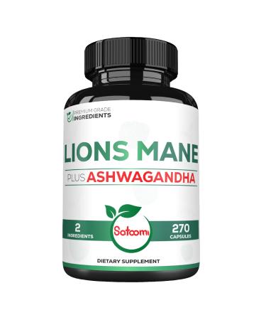 Satoomi Lions Mane Supplement Capsules with Ashwagandha Supplement - 270 Capsules - High Concentrated for Restful Mind, Brain Health, Immune System & Focus Support - Gluten-Free, Non-GMO