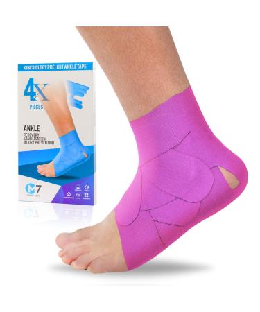 M7 Sport Kinesiology Ankle Tape for Ankle Sprain and Injury Recovery Pain Relief Kinesiology Tape Ankle Brace Compression Support Plantar Fasciitis Waterproof Eases Swelling (Pink 4-Pack)