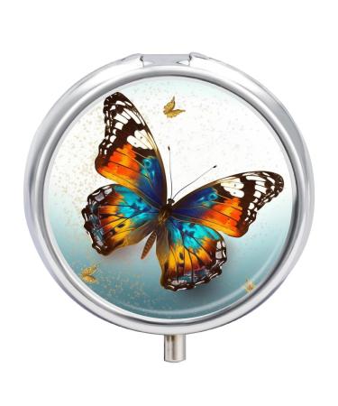 Pill Box Pill Case 3 Compartment Travel Pill Box Butterfly Printing Small Pill Box Portable Medicine Pill Case Pill Organizer for Purse & Pocket for Travel Handbag (Round)
